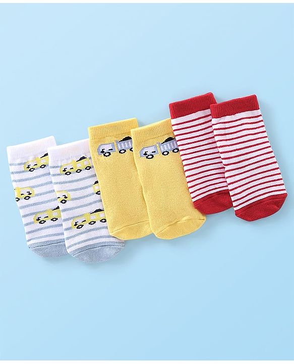 Cute Walk By Babyhug Anti Bacterial Ankle Length Socks Striped & Car Design Pack Of 3 - Red Yellow & Grey