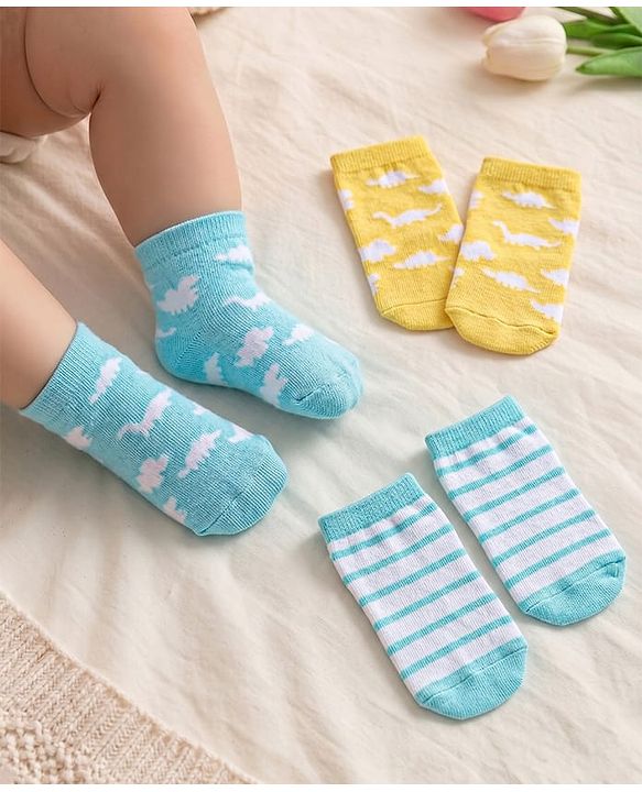 Cute Walk By Babyhug Anti Bacterial Ankle Length Socks Stripes & Dino Design Pack Of 3 - Yellow & Blue