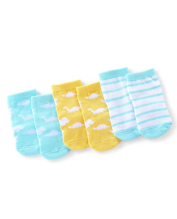 Cute Walk By Babyhug Anti Bacterial Ankle Length Socks Stripes & Dino Design Pack Of 3 - Yellow & Blue