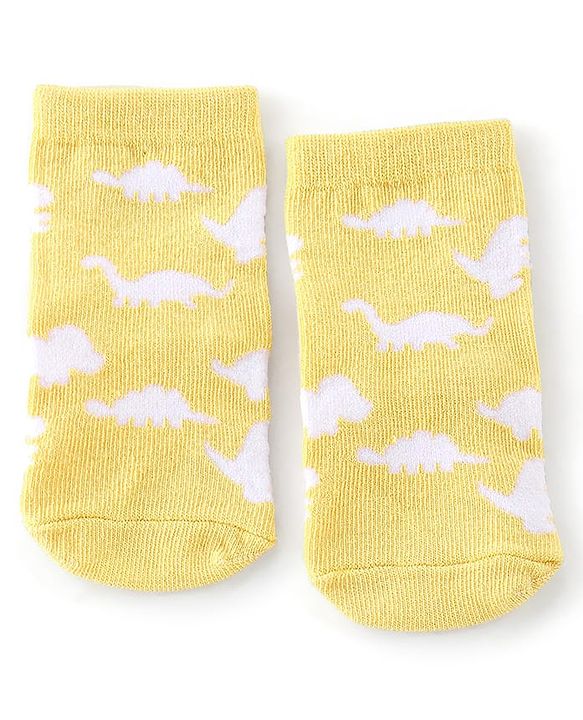 Cute Walk By Babyhug Anti Bacterial Ankle Length Socks Stripes & Dino Design Pack Of 3 - Yellow & Blue