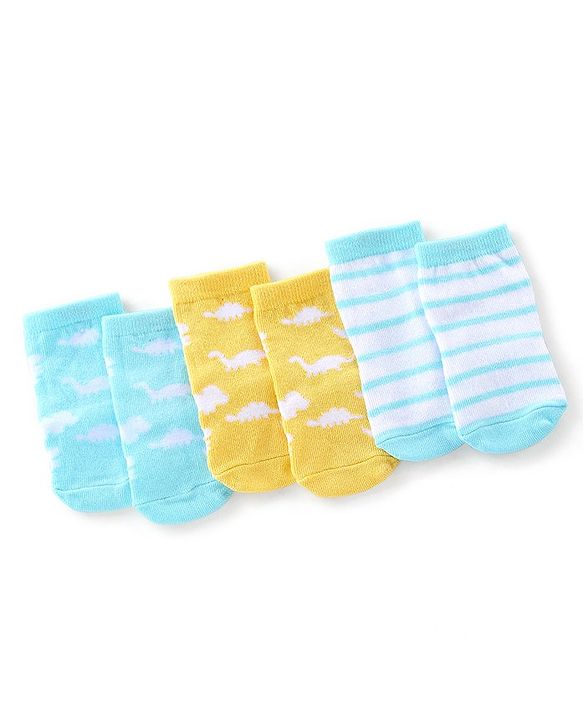 Cute Walk By Babyhug Anti Bacterial Ankle Length Socks Stripes & Dino Design Pack Of 3 - Yellow & Blue