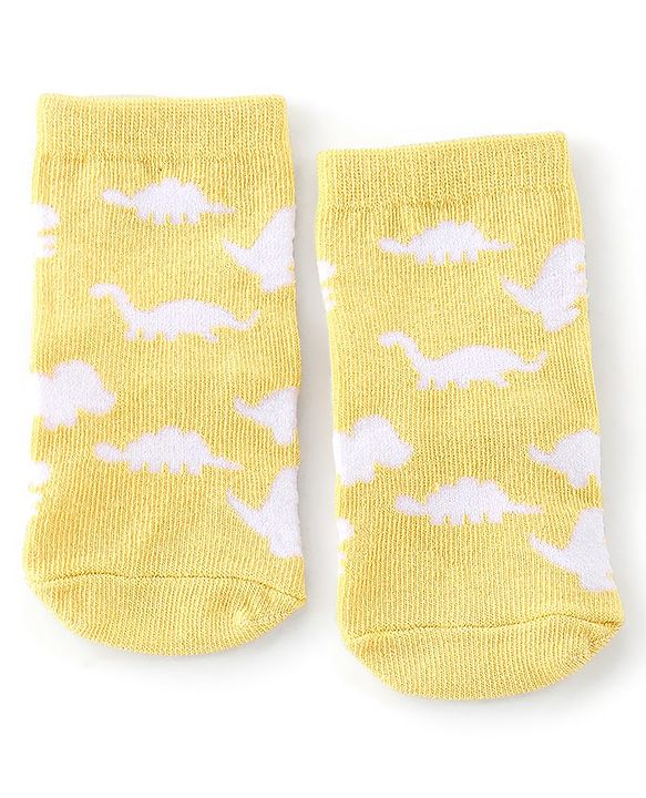 Cute Walk By Babyhug Anti Bacterial Ankle Length Socks Stripes & Dino Design Pack Of 3 - Yellow & Blue