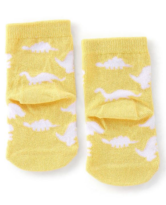 Cute Walk By Babyhug Anti Bacterial Ankle Length Socks Stripes & Dino Design Pack Of 3 - Yellow & Blue