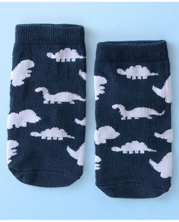 Cute Walk By Babyhug Anti Bacterial Ankle Length Socks Striped & Dino Design Pack Of 3 - Blue & White