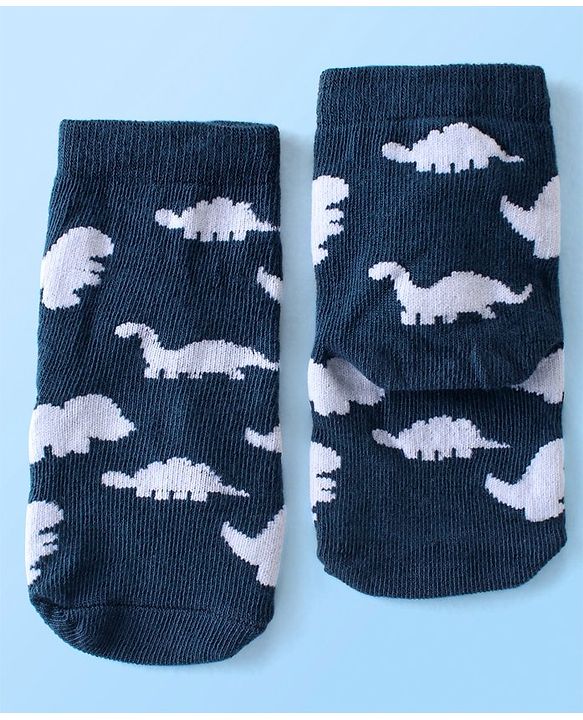 Cute Walk By Babyhug Anti Bacterial Ankle Length Socks Striped & Dino Design Pack Of 3 - Blue & White