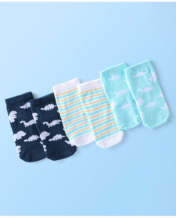 Cute Walk By Babyhug Anti Bacterial Ankle Length Socks Striped & Dino Design Pack Of 3 - Blue & White