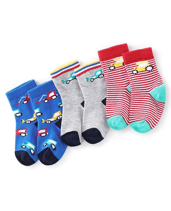 Cute Walk By Babyhug Anti Bacterial Ankle Length Socks Stripes & Construction Vehicle Design Pack Of 3 - Grey Red & Blue