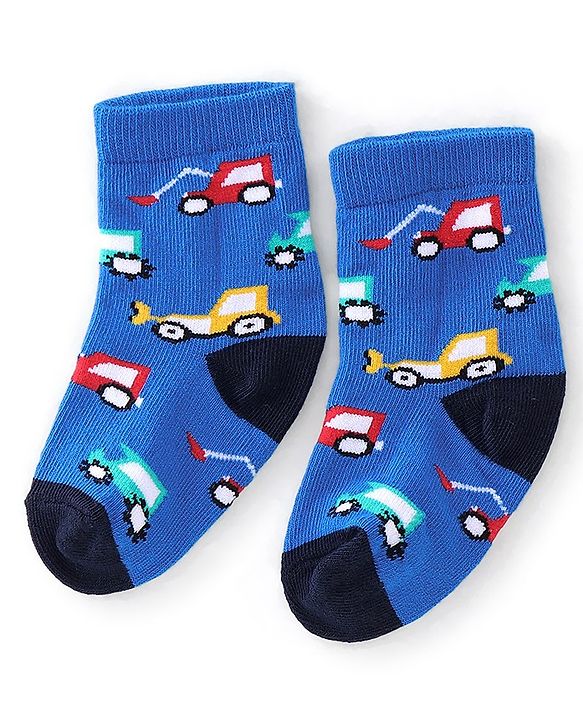 Cute Walk By Babyhug Anti Bacterial Ankle Length Socks Stripes & Construction Vehicle Design Pack Of 3 - Grey Red & Blue