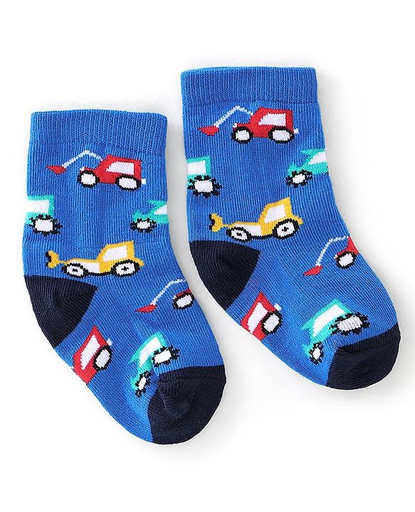 Cute Walk By Babyhug Anti Bacterial Ankle Length Socks Stripes & Construction Vehicle Design Pack Of 3 - Grey Red & Blue