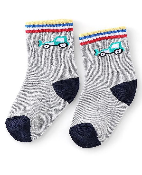 Cute Walk By Babyhug Anti Bacterial Ankle Length Socks Stripes & Construction Vehicle Design Pack Of 3 - Grey Red & Blue