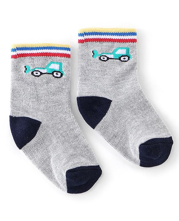 Cute Walk By Babyhug Anti Bacterial Ankle Length Socks Stripes & Construction Vehicle Design Pack Of 3 - Grey Red & Blue