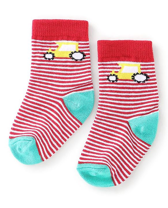 Cute Walk By Babyhug Anti Bacterial Ankle Length Socks Stripes & Construction Vehicle Design Pack Of 3 - Grey Red & Blue