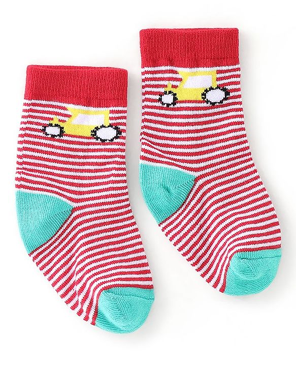 Cute Walk By Babyhug Anti Bacterial Ankle Length Socks Stripes & Construction Vehicle Design Pack Of 3 - Grey Red & Blue