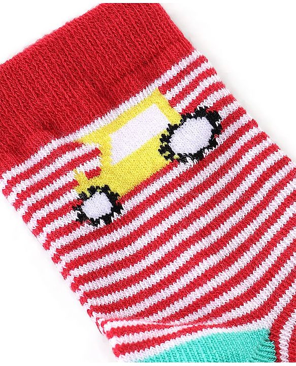 Cute Walk By Babyhug Anti Bacterial Ankle Length Socks Stripes & Construction Vehicle Design Pack Of 3 - Grey Red & Blue