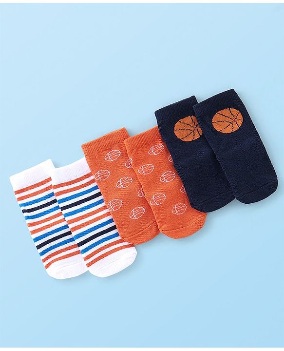 Cute Walk By Babyhug Anti Bacterial Ankle Length Socks Stripes & Basket Ball Design Pack Of 3 - Orange White & Blue