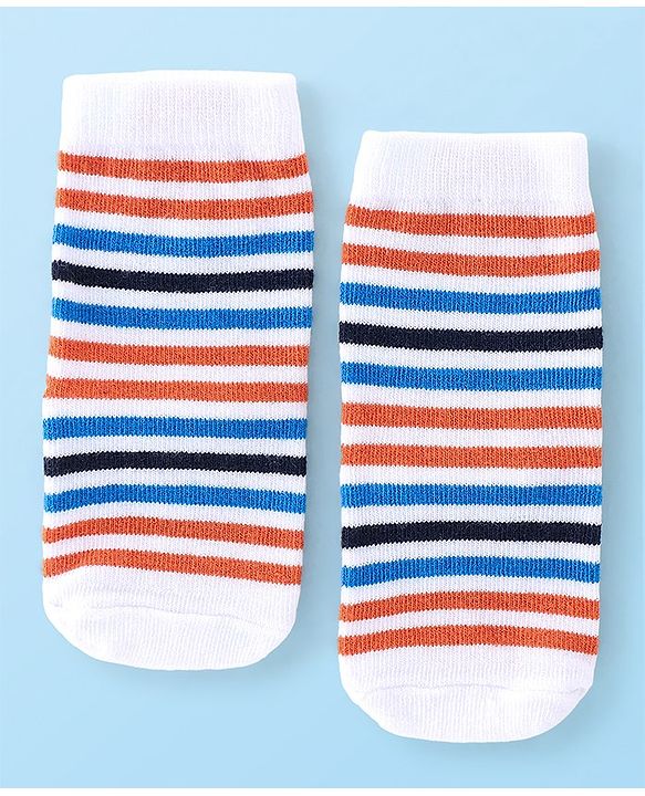 Cute Walk By Babyhug Anti Bacterial Ankle Length Socks Stripes & Basket Ball Design Pack Of 3 - Orange White & Blue