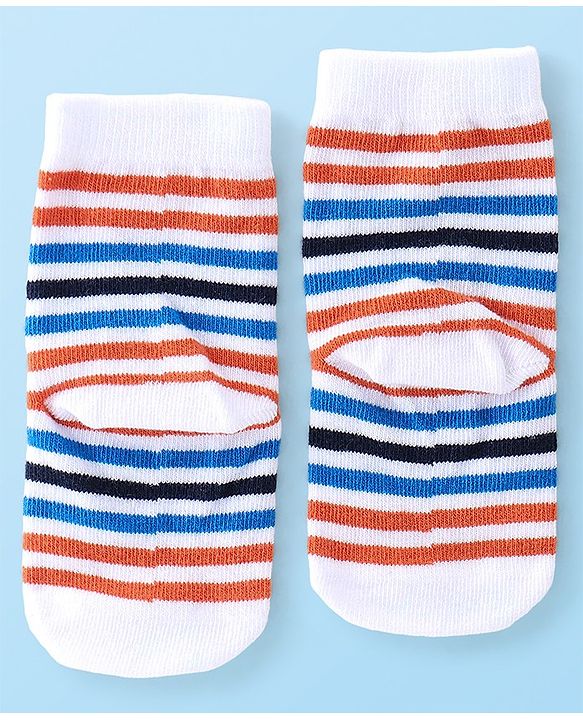 Cute Walk By Babyhug Anti Bacterial Ankle Length Socks Stripes & Basket Ball Design Pack Of 3 - Orange White & Blue
