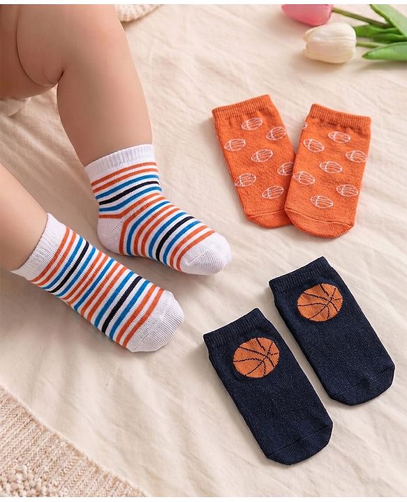 Cute Walk By Babyhug Anti Bacterial Ankle Length Socks Stripes & Basket Ball Design Pack Of 3 - Orange White & Blue