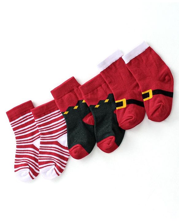 Cute Walk By Babyhug Anti Bacterial Ankle Length Socks Striped Pack Of 3 - Red & Black