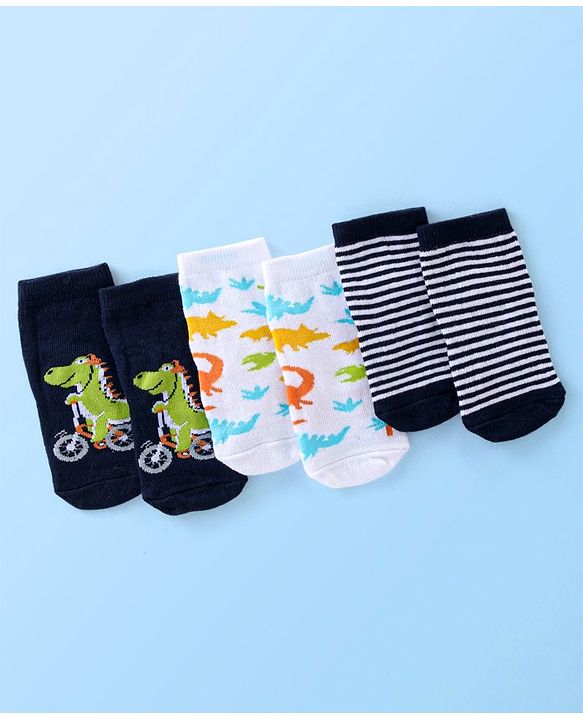 Cute Walk By Babyhug Anti Bacterial Ankle Length Socks Striped & Dino Design Pack Of 3 - Blue & White