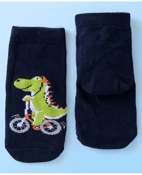 Cute Walk By Babyhug Anti Bacterial Ankle Length Socks Striped & Dino Design Pack Of 3 - Blue & White