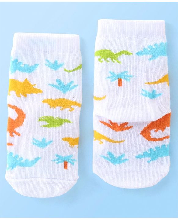 Cute Walk By Babyhug Anti Bacterial Ankle Length Socks Striped & Dino Design Pack Of 3 - Blue & White