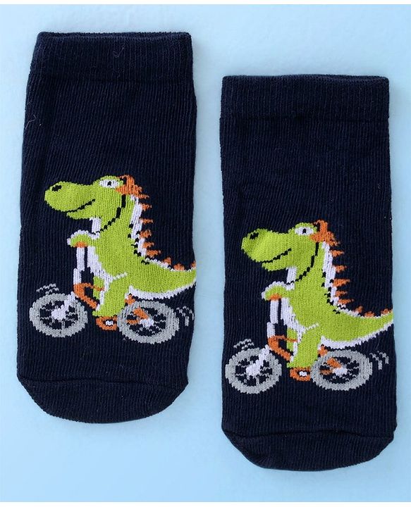 Cute Walk By Babyhug Anti Bacterial Ankle Length Socks Striped & Dino Design Pack Of 3 - Blue & White