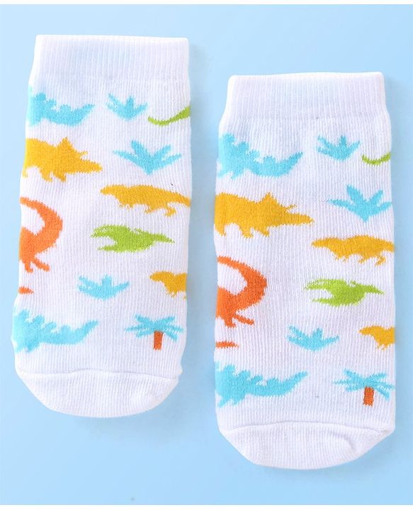 Cute Walk By Babyhug Anti Bacterial Ankle Length Socks Striped & Dino Design Pack Of 3 - Blue & White