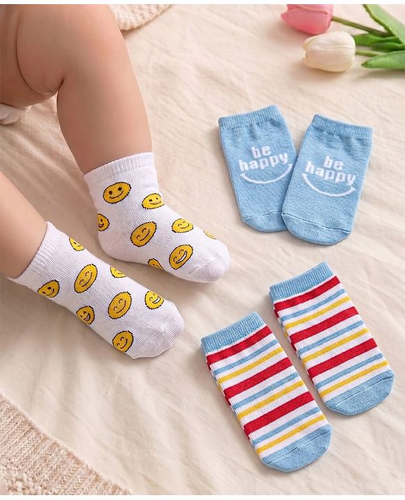 Cute Walk by Babyhug Anti-Bacterial Ankle Length Socks Pack of 3 with Striped Design - Blue & White