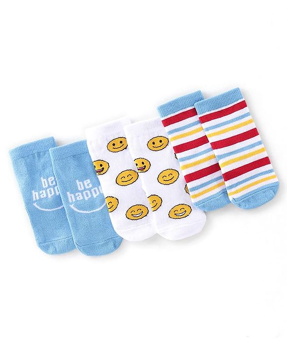 Cute Walk by Babyhug Anti-Bacterial Ankle Length Socks Pack of 3 with Striped Design - Blue & White