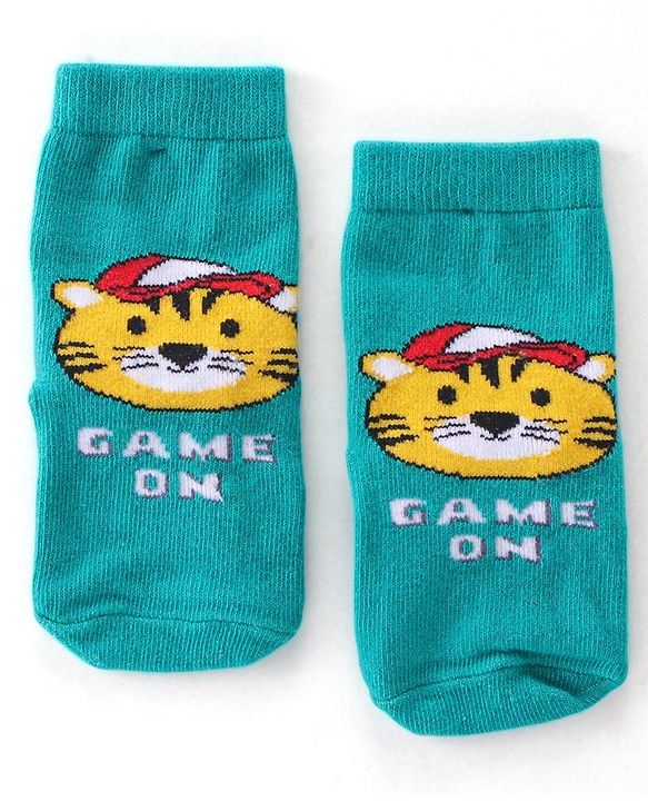 Cute Walk By Babyhug Anti Bacterial Ankle Length Socks Stripes & Tiger Design Pack Of 3 - Green Yellow & Blue