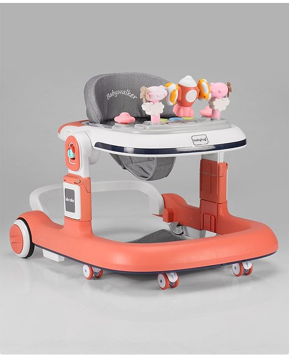 Babyhug Multifunction Foldable Activity Push Walker with  Musical Play Tray & Lights - Red