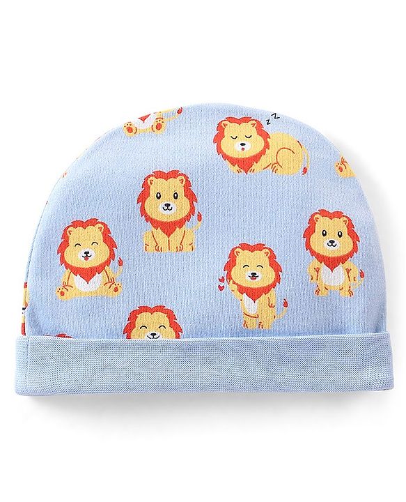 Babyhug 100% Cotton Knit Lion Print Cap - Blue