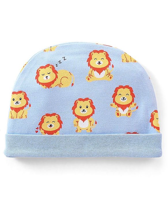 Babyhug 100% Cotton Knit Lion Print Cap - Blue