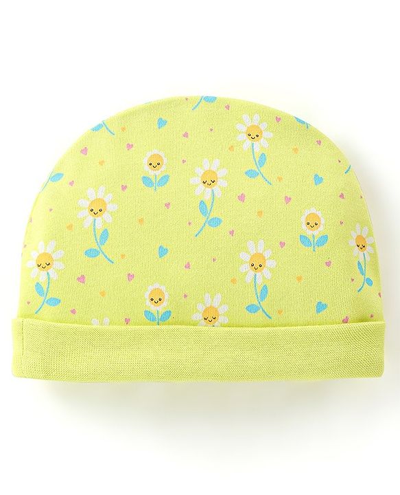 Babyhug 100% Cotton Knit Floral Print Cap - Green