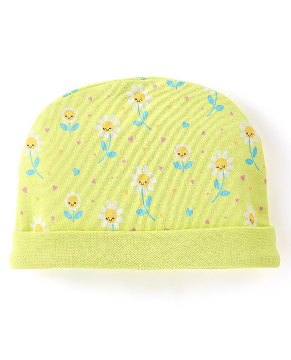 Babyhug 100% Cotton Knit Floral Print Cap - Green