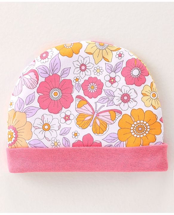 Babyhug 100% Cotton Interlock Knit Cap Floral Print - Pink & White
