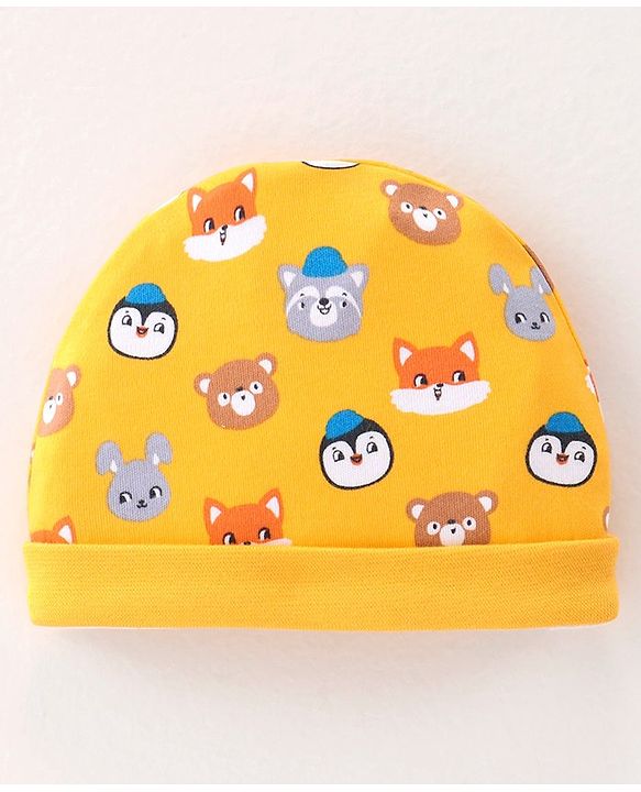 Babyhug 100% Cotton Knit Cap Animal Print - Yellow