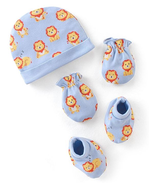 Babyhug 100% Cotton Knit Cap Mittens & Booties Set with Lion Print - Blue