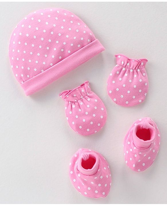 Babyhug 100% Cotton Knit Cap Mittens and Booties Polka Dot Print - Pink