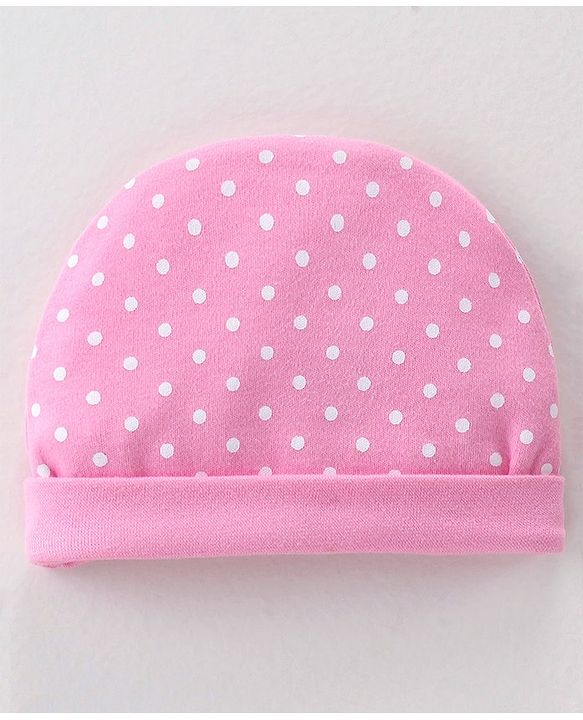Babyhug 100% Cotton Knit Cap Mittens and Booties Polka Dot Print - Pink