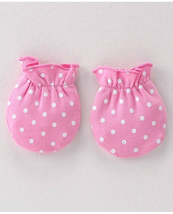 Babyhug 100% Cotton Knit Cap Mittens and Booties Polka Dot Print - Pink