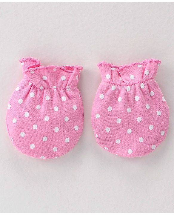 Babyhug 100% Cotton Knit Cap Mittens and Booties Polka Dot Print - Pink