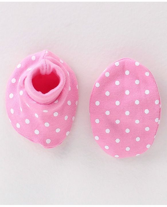Babyhug 100% Cotton Knit Cap Mittens and Booties Polka Dot Print - Pink