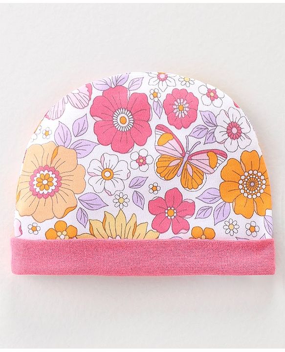 Babyhug 100% Cotton Interlock Knit Cap Mittens & Booties Set with Floral Print - Pink & White