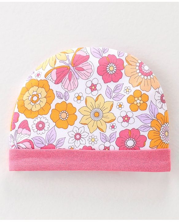 Babyhug 100% Cotton Interlock Knit Cap Mittens & Booties Set with Floral Print - Pink & White
