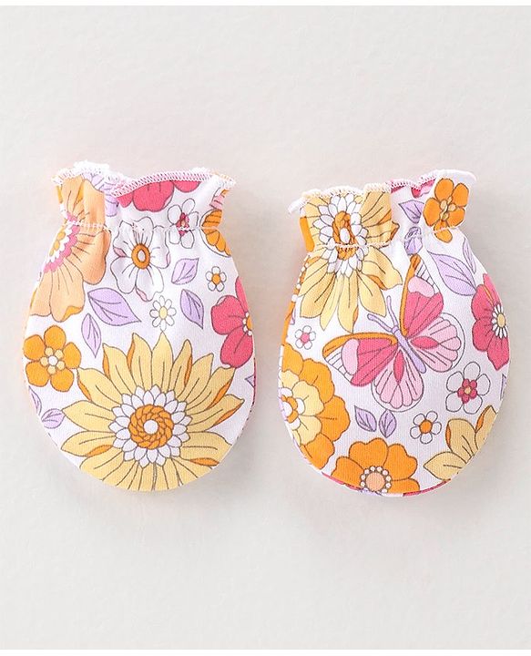 Babyhug 100% Cotton Interlock Knit Cap Mittens & Booties Set with Floral Print - Pink & White