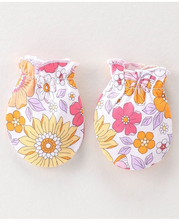 Babyhug 100% Cotton Interlock Knit Cap Mittens & Booties Set with Floral Print - Pink & White