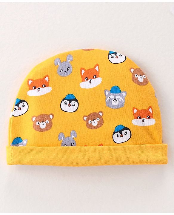 Babyhug 100% Cotton Knit Cap Mittens & Booties Set with Animal Print - Yellow
