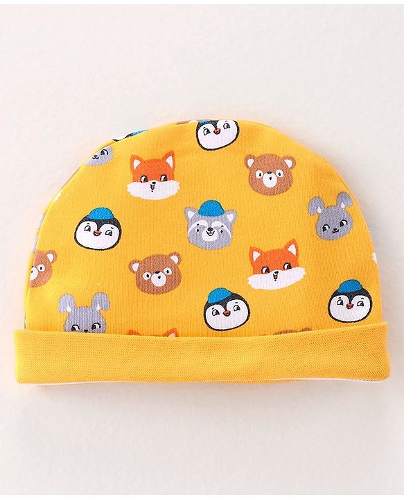 Babyhug 100% Cotton Knit Cap Mittens & Booties Set with Animal Print - Yellow